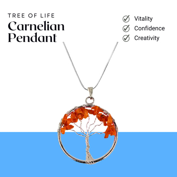 Carnelian Tree of Life Pendant – Healing Crystal Necklace for Vitality & Creativity - Front View | Natural Carnelian, Seven Chakra Crystal Pendant for Success, Confidence & Career Growth