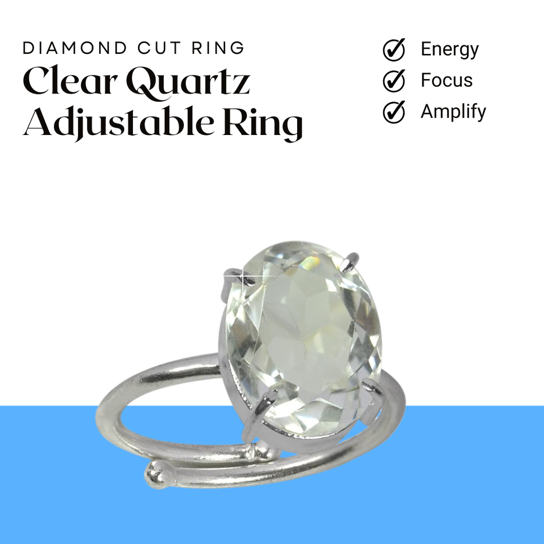 Clear crystal adjustable ring with a polished band designed for a comfortable, customizable fit.