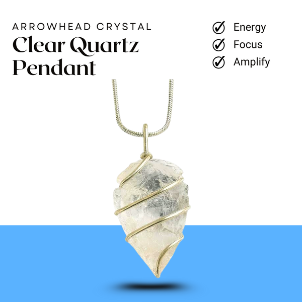 Clear quartz arrowhead crystal pendant with chain displayed on a blue and white two-tone background