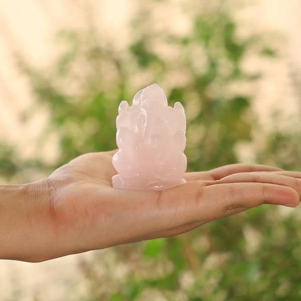 Clear Quartz Ganesh crystal figurine held in hand against a natural background of trees and foliage