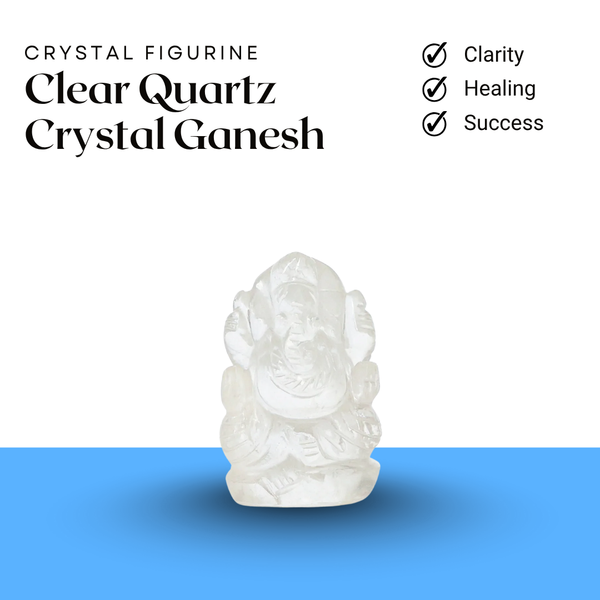 Clear Quartz Ganesh crystal figurine representing clarity, healing, and success with detailed carved design