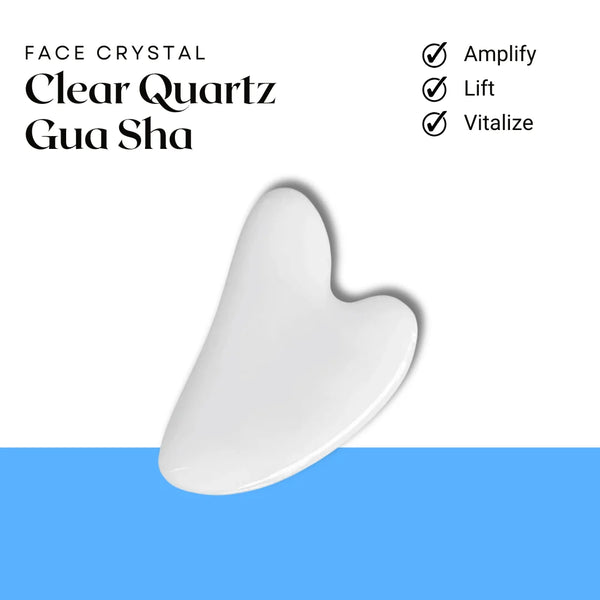 Clear Quartz Gua Sha face crystal displayed for amplifying, lifting, and vitalizing facial skin.