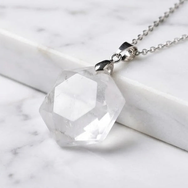 Clear Quartz Hexagon Pendant – Symbol of Energy, Amplification, and Clarity – Perfect for Daily Wear - Side View | Natural Sphatik, Seven Chakra Crystal Ring for Chakra Balance & Energy Alignment