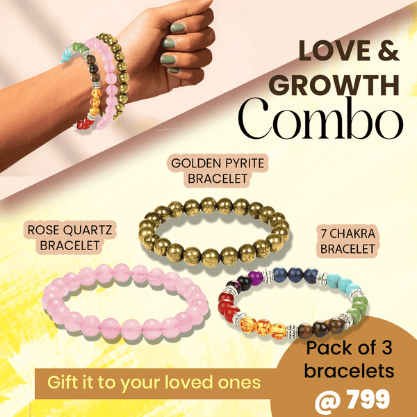 Combo of three healing crystal bracelets including golden pyrite, rose quartz, and 7 chakra stones for love, wealth, and energy balance.