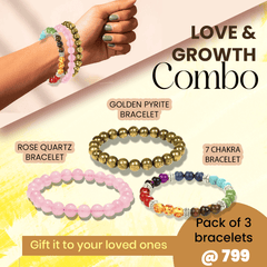 Combo of three healing crystal bracelets including golden pyrite, rose quartz, and 7 chakra stones for love, wealth, and energy balance.