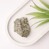 Dalmatian Jasper raw stone placed on a white table, symbolizing joy, stability, and grounding.