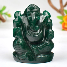 Load image into Gallery viewer, Dark green Ganesh stone figurine, front view on white background, showing polished carved details
