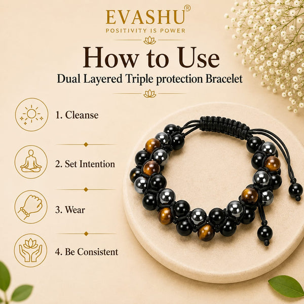 Dual Layer Triple Protection Bracelet – Natural Stone Bracelet for Confidence, Strength & Everyday Wear | Unisex Crystal Jewellery - Side View | Natural Tiger Eye, Hematite, Obsidian Crystal Bracelet for Evil Eye Protection & Negative Energy Shield