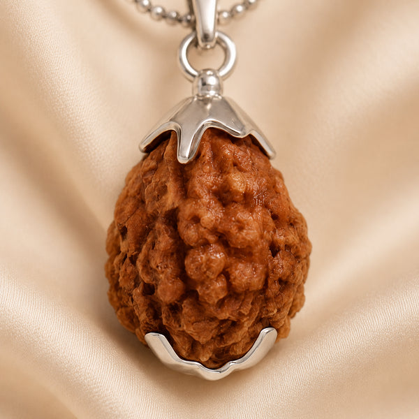 Close-up of authentic natural Rudraksha showing crystal texture, colour and craftsmanship – 1 mukhi rudraksha pendant symbol of divine consciousness and