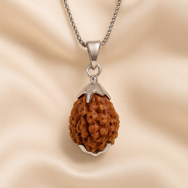 1-Mukhi Rudraksha Pendant displayed fully on white silk cloth to show its natural colour, shape and finish