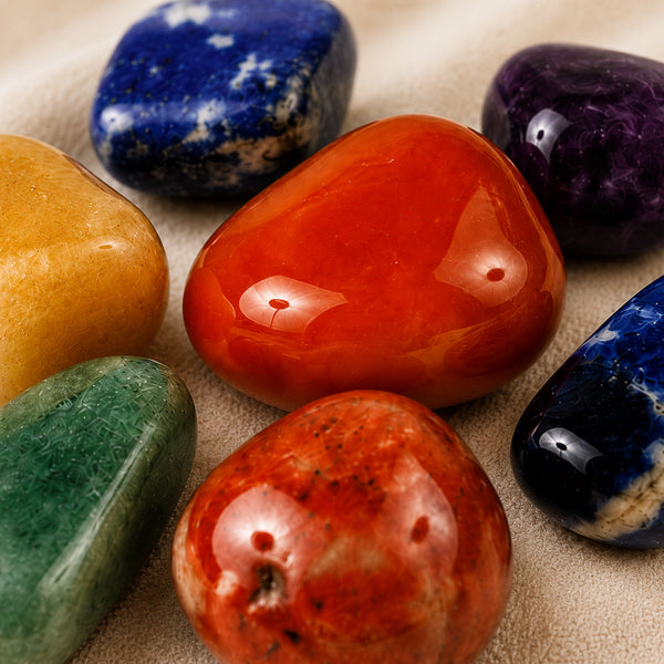 Close-up of authentic natural 7 Chakra showing crystal texture, colour and craftsmanship – 7 chakra stone tumble set healing crystal kit