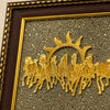 Close-up of authentic natural Raw Pyrite showing crystal texture, colour and craftsmanship – 7 horses raw pyrite frame symbol of success wealth and