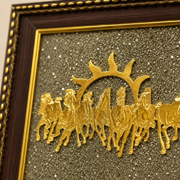 Close-up of authentic natural Raw Pyrite showing crystal texture, colour and craftsmanship – 7 horses raw pyrite frame symbol of success wealth and