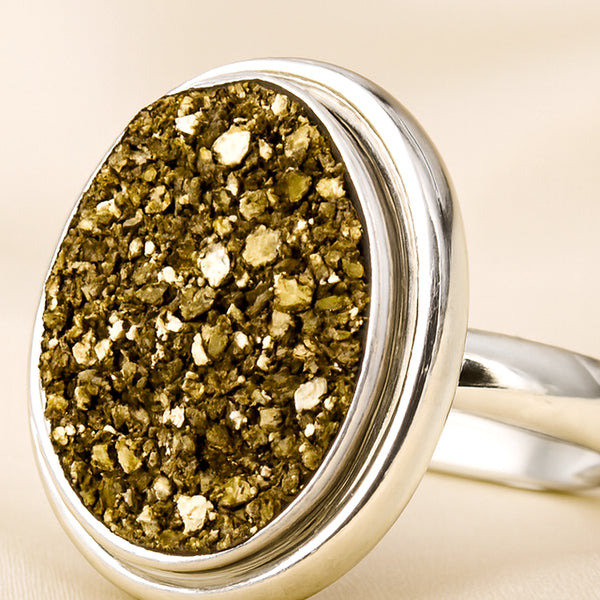 Close-up of authentic natural Golden Pyrite showing crystal texture, colour and craftsmanship – adjustable pyrite ring healing crystal for wealth protection and
