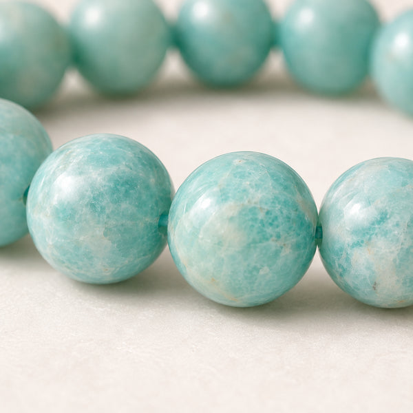 Close-up of authentic natural Amazonite showing crystal texture, colour and craftsmanship