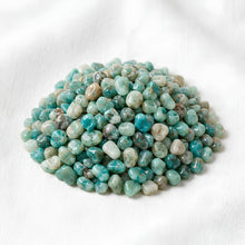 Load image into Gallery viewer, Amazonite Chips displayed fully on white silk cloth to show its natural colour, shape and finish
