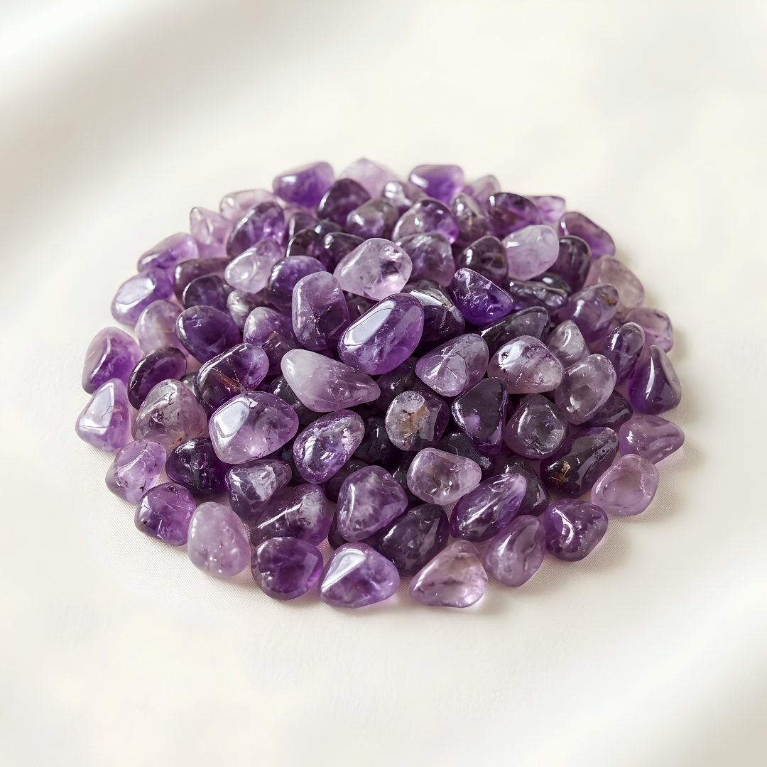 Amethyst Chips displayed fully on white silk cloth to show its natural colour, shape and finish