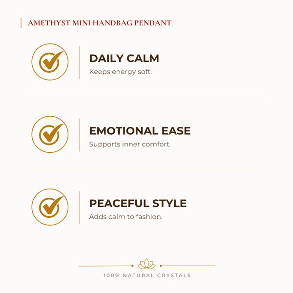 Amethyst Mini Handbag Pendant benefits for calm mind and stress relief, explained in an Evashu natural-crystal guide