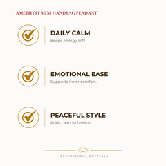 Amethyst Mini Handbag Pendant benefits for calm mind and stress relief, explained in an Evashu natural-crystal guide