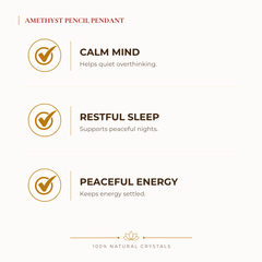 Amethyst Pencil Pendant benefits for calm mind and stress relief, explained in an Evashu natural-crystal guide