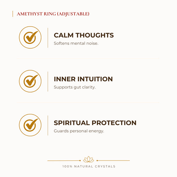 Amethyst Adjustable Ring benefits for calm mind and stress relief, explained in an Evashu natural-crystal guide