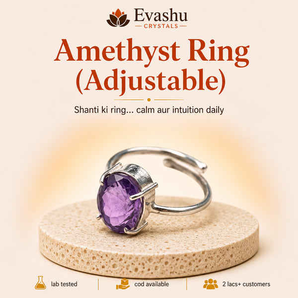 Authentic natural Amethyst Adjustable Ring for Calm Thoughts and Inner Intuition, shown as the main Evashu product view
