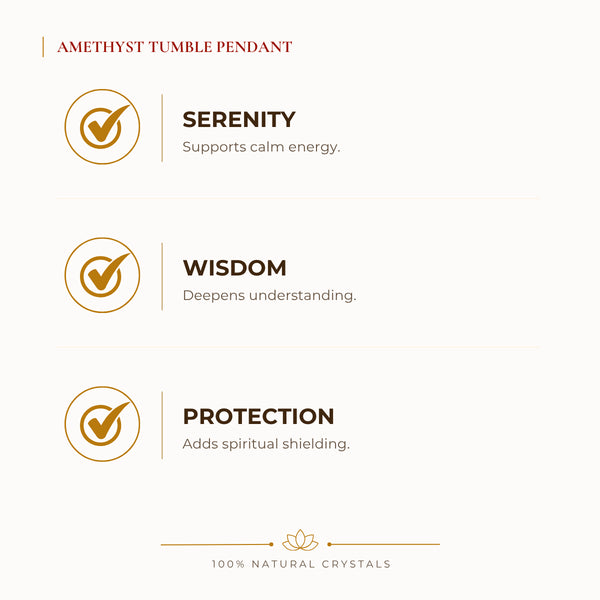 Amethyst Tumble Pendant benefits for calm mind and stress relief, explained in an Evashu natural-crystal guide