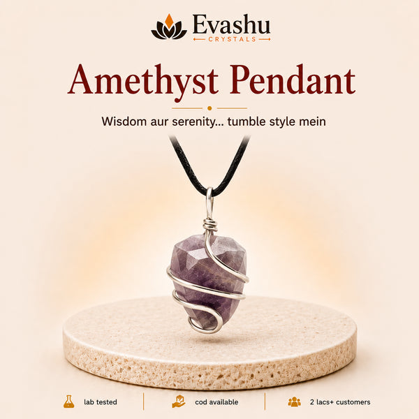 Authentic natural Amethyst Tumble Pendant for Serenity and Wisdom, shown as the main Evashu product view