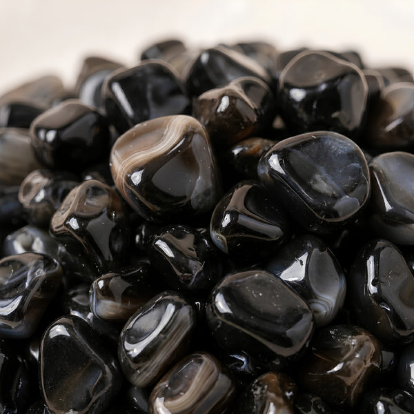 Close-up of authentic natural Black Agate showing crystal texture, colour and craftsmanship