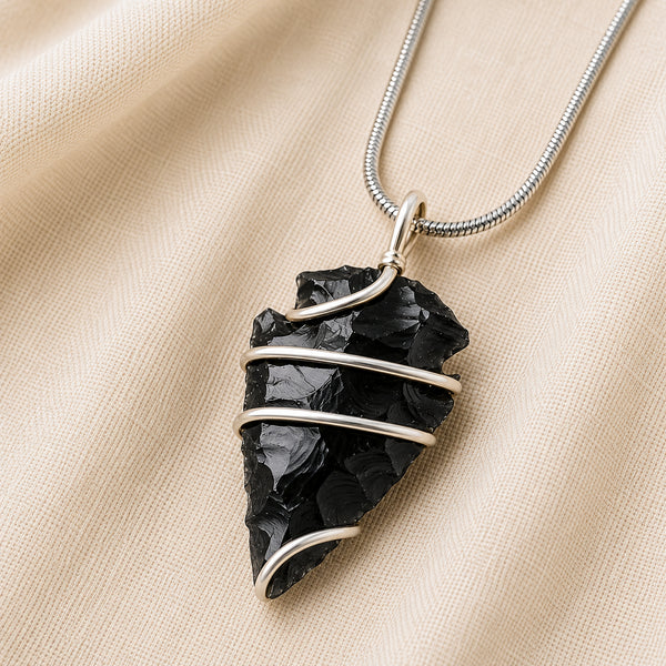 Close-up of authentic natural Black Obsidian showing crystal texture, colour and craftsmanship