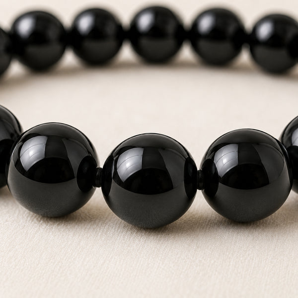 Close-up of authentic natural Black Onyx showing crystal texture, colour and craftsmanship