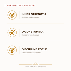 Black Onyx Pencil Pendant benefits for focus and mental clarity, explained in an Evashu natural-crystal guide
