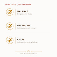 Load image into Gallery viewer, Black Picasso Jasper Bracelet benefits for focus and mental clarity, explained in an Evashu natural-crystal guide
