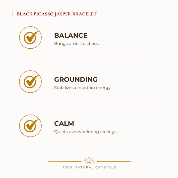 Black Picasso Jasper Bracelet benefits for focus and mental clarity, explained in an Evashu natural-crystal guide