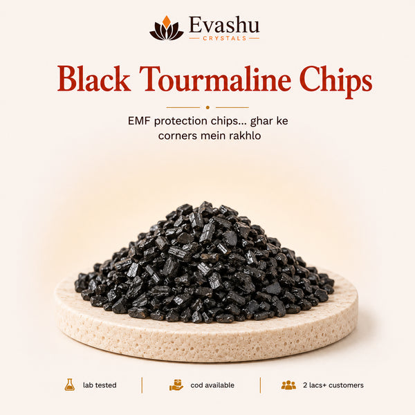 Authentic natural Black Tourmaline Chips for EMF Shield and Room Protection, shown as the main Evashu product view