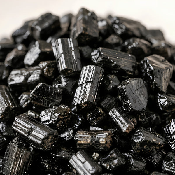 Close-up of authentic natural Black Tourmaline showing crystal texture, colour and craftsmanship – black tourmaline chips stone symbol of protection grounding