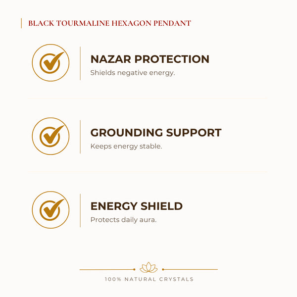 Black Tourmaline Hexagon Pendant benefits for nazar protection and negative-energy shielding, explained in an Evashu natural-crystal guide