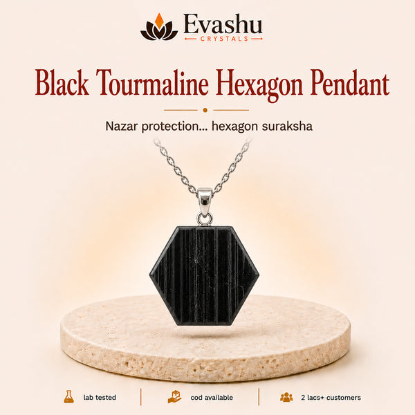 Authentic natural Black Tourmaline Hexagon Pendant for Nazar Protection and Grounding Support, shown as the main Evashu product view