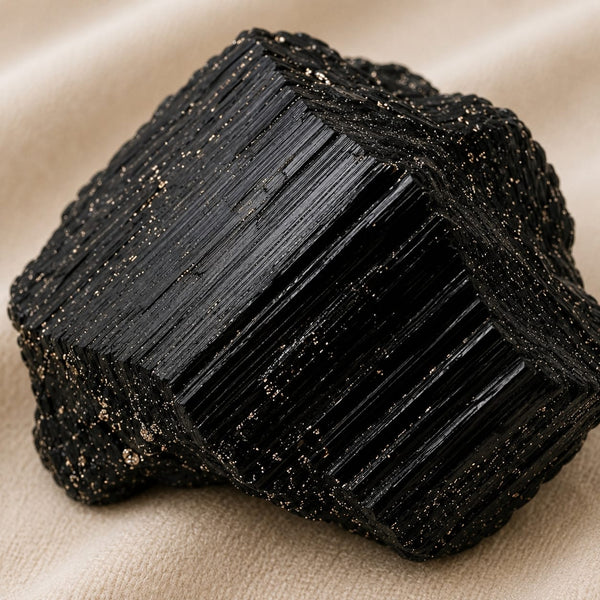 Close-up of authentic natural Black Tourmaline showing crystal texture, colour and craftsmanship – black tourmaline raw stone symbol of protection grounding and
