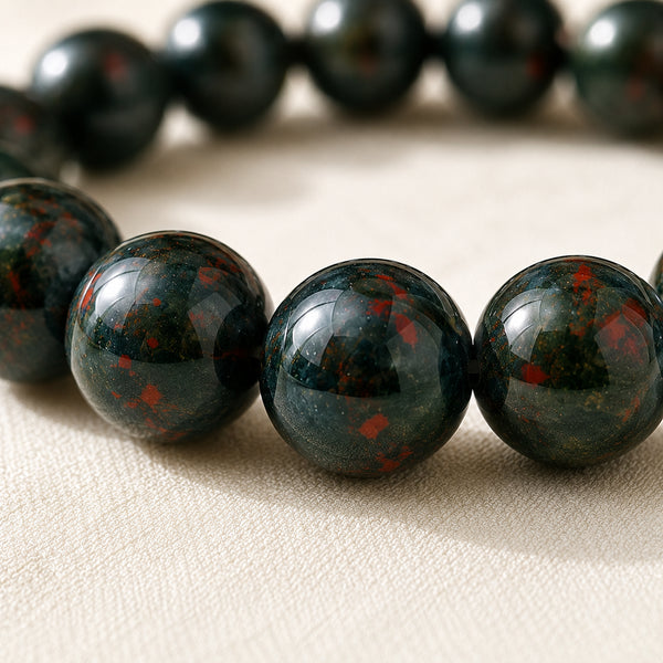 Close-up of authentic natural Bloodstone showing crystal texture, colour and craftsmanship