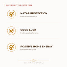 Load image into Gallery viewer, Blue Evil Eye Crystal Tree benefits for nazar protection and negative-energy shielding, explained in an Evashu natural-crystal guide
