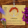 Close-up of authentic natural Carnelian showing crystal texture, colour and craftsmanship – carnelian tree of life pendant chain healing crystal for vitality