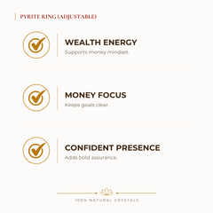 Pyrite Adjustable Ring benefits for wealth attraction and prosperity intention, explained in an Evashu natural-crystal guide – certified original pyrite ring