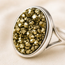 Load image into Gallery viewer, Close-up of authentic natural Pyrite showing crystal texture, colour and craftsmanship – certified original pyrite ring adjustable natural stone
