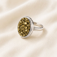 Load image into Gallery viewer, Pyrite Adjustable Ring displayed fully on white silk cloth to show its natural colour, shape and finish – certified original pyrite ring adjustable natural
