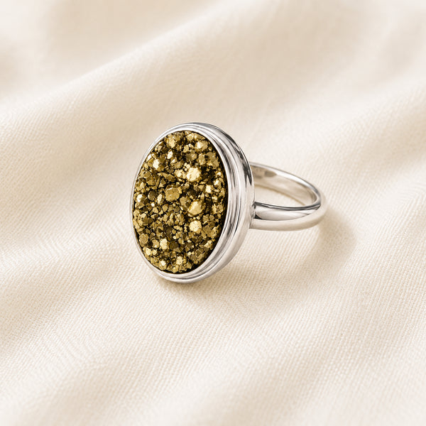 Pyrite Adjustable Ring displayed fully on white silk cloth to show its natural colour, shape and finish – certified original pyrite ring adjustable natural