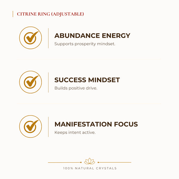Citrine Adjustable Ring benefits for wealth attraction and prosperity intention, explained in an Evashu natural-crystal guide