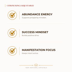 Citrine Adjustable Ring benefits for wealth attraction and prosperity intention, explained in an Evashu natural-crystal guide