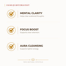 Load image into Gallery viewer, Clear Quartz Bracelet benefits for focus and mental clarity, explained in an Evashu natural-crystal guide
