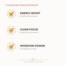 Load image into Gallery viewer, Clear Quartz Hexagon Pendant benefits for focus and mental clarity, explained in an Evashu natural-crystal guide
